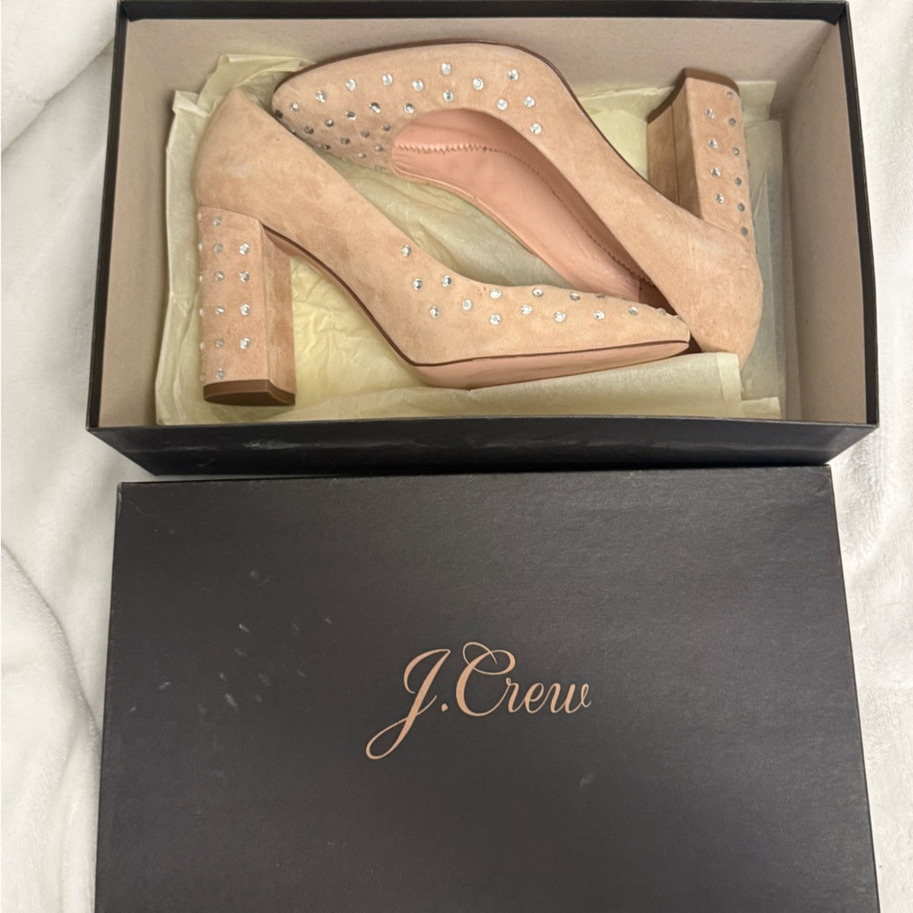J. Crew Blush Pink Suede Crystal-Stud Block Heels